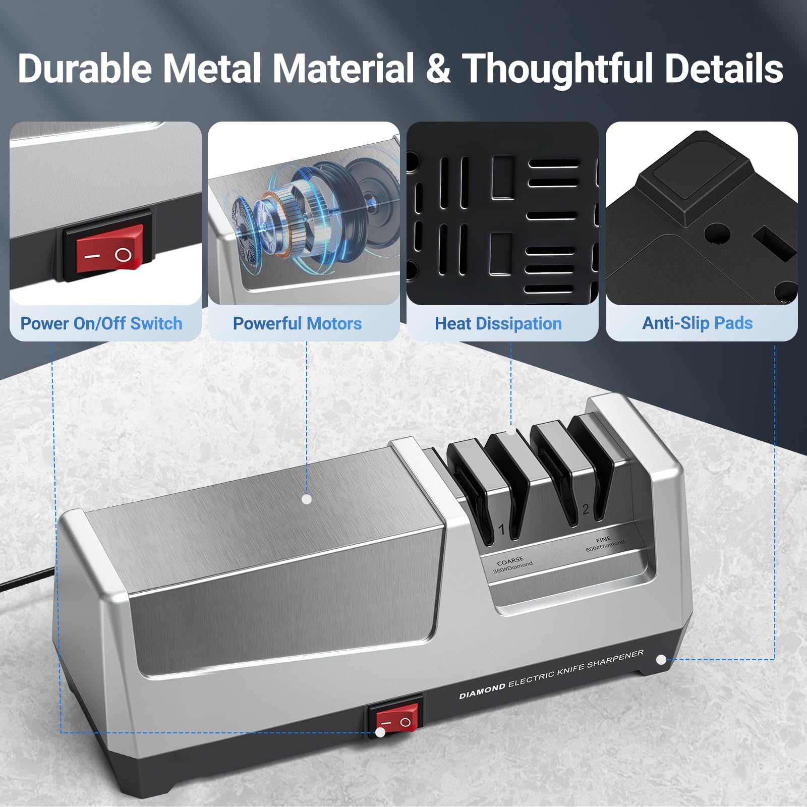 Afilador de Cuchillos Eléctrico Profesional con 2 Niveles, Discos de Diamante, Protección contra Sobrecalentamiento, Motor Silencioso, Afilado Rápido de Cuchillos de Cocina