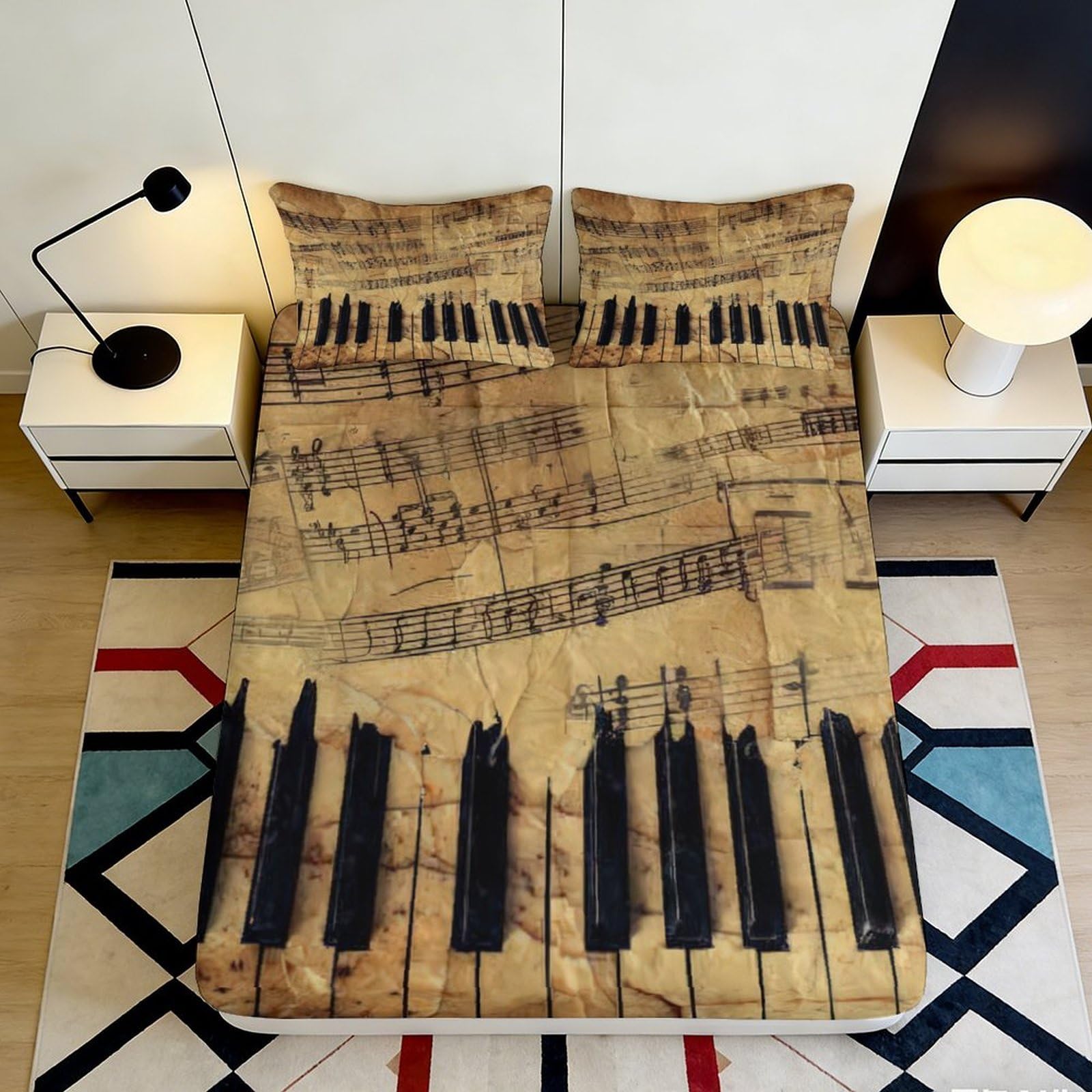 3D Printed Vintage Piano Fitted Sheet Microfiber Soft Breathable Musical Notes Bed Sheet for Bedroom Guest Room Decor 90x200x25cm