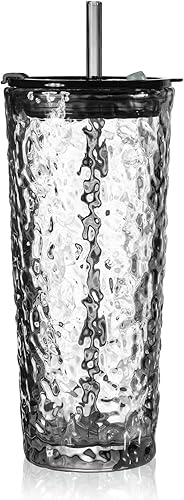 Miniatura 13 de Puraville Paquete de 2 vasos de vidrio de 18 onzas con tapas y pajitas, cristalería gruesa con patrón glaciar vintage para whisky, cóctel, cerveza,