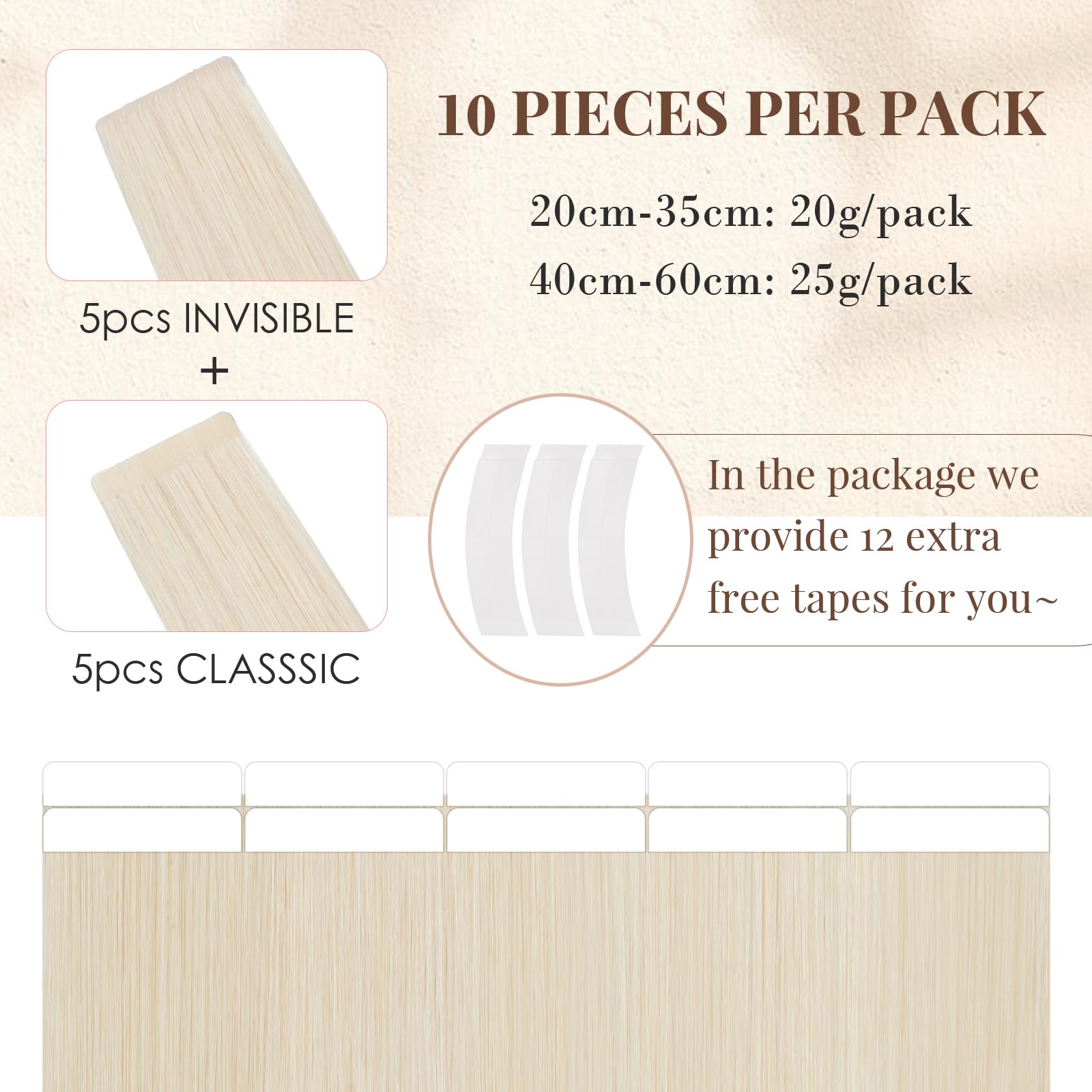 Elailite Extension Biadesivo Capelli Veri Adesive Human Hair Cuciti 10 Ciocche Tape Extensions Biadesive 20g 25cm #60 Biondo Platino