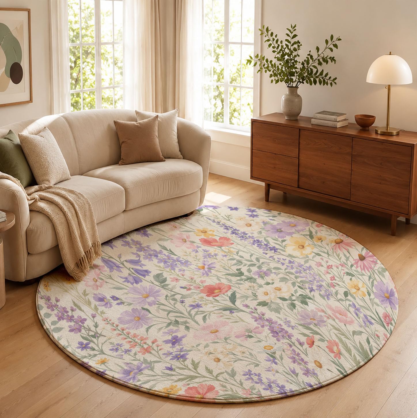 Tapis Rond Lavable Cosmos Delphinium 100cm | Tapis Fleurs Rustiques Fraîches Antidérapants Salon Lavable en Machine pour pour Salle à Manger, Entrée, Cuisine, Violet Clair