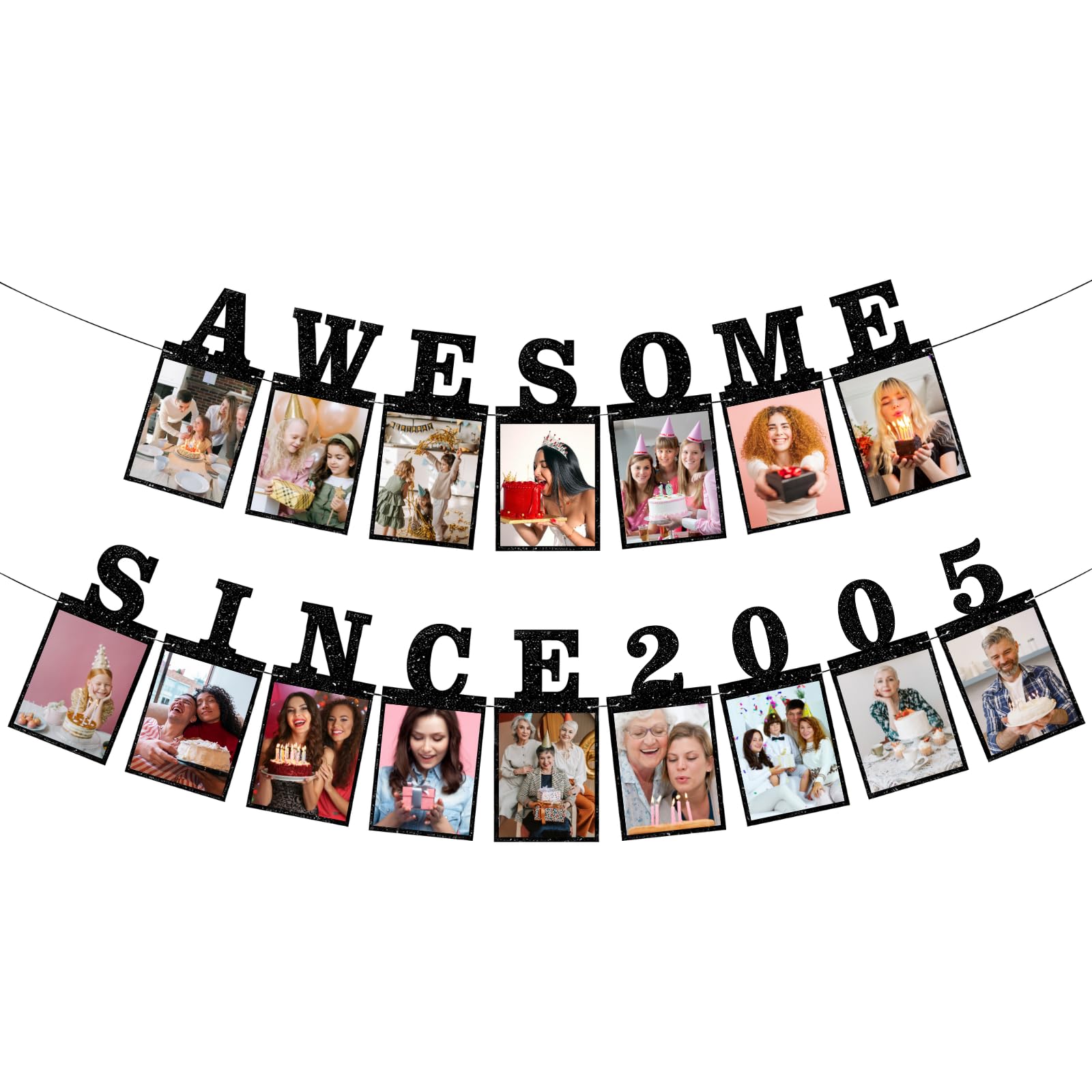 21st Birthday Photo Banner – Awesome Since 2005 Picture Banner, Black Glitter 4x6 Photo Display, 21st Birthday Party Decorations, Easy to Assemble (21st Birthday)