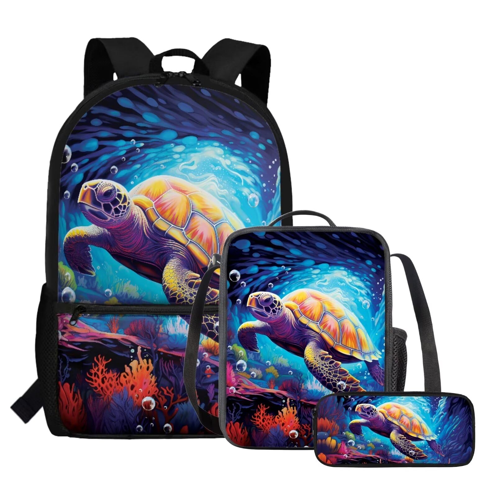 chaqlin Schulrucksack-Set für Kinder, Jungen, Schulranzen mit Lunchbox und Federmäppchen, 3-teiliges Set, Kinder-Büchertaschen, Kühltasche, Stifttasche, Meeresschildkröte, Kinderrucksack