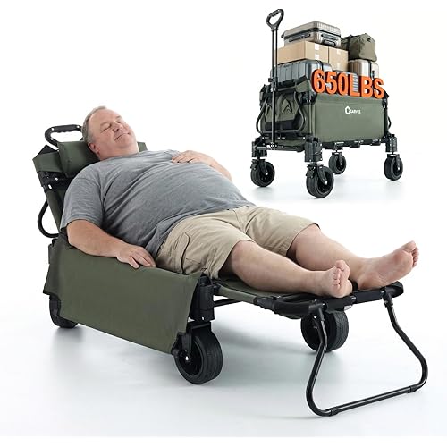2-in-1 Heavy Duty Folding Garden Wagon Cart – Converts to Lounge Chair – Large Capacity – 360° Swivel All-Terrain Wheels – Portable Utility Cart for Outdoor, Camping, Garden