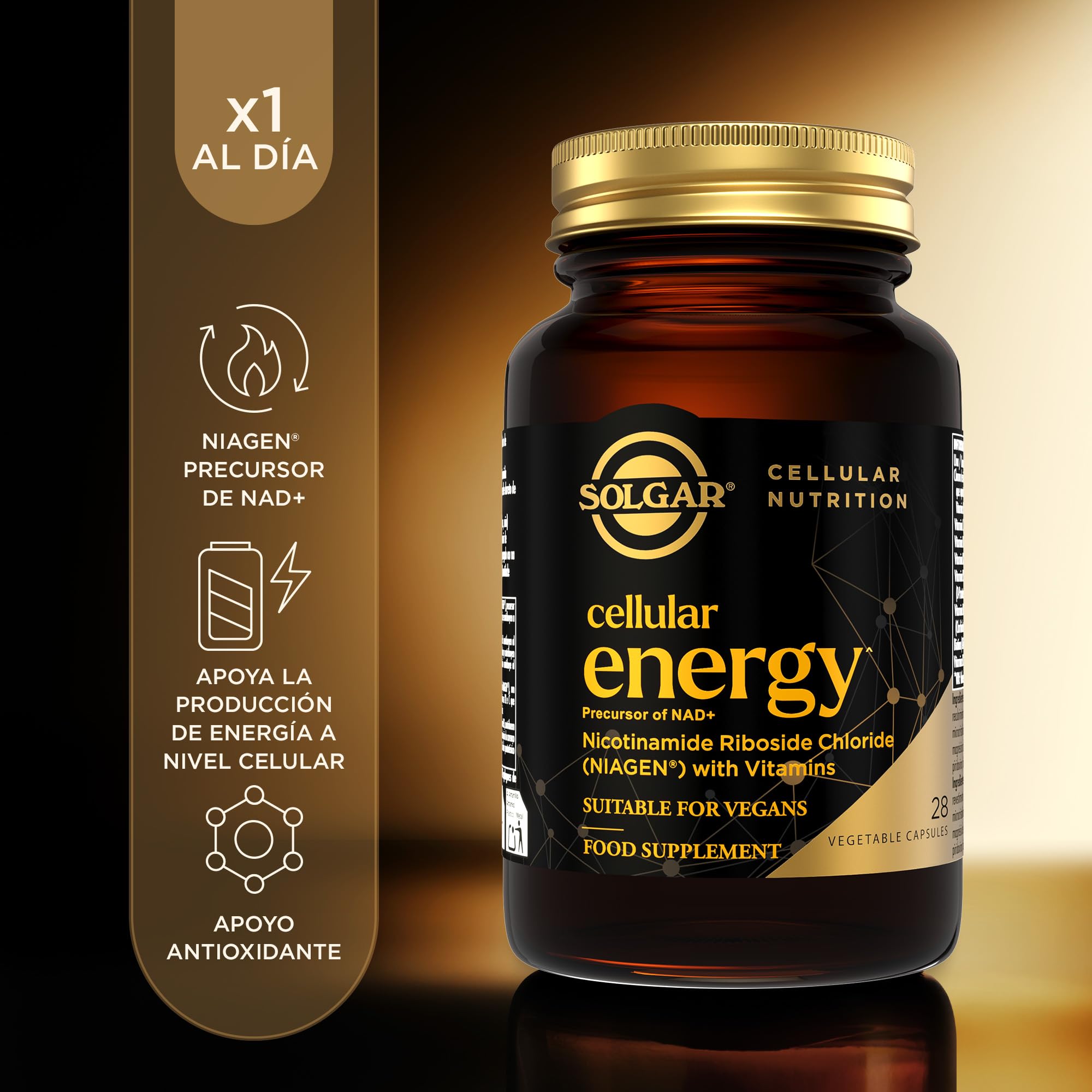 Solgar Cellular Energy con Niagen | Precursor de NAD+ | 28 Cápsulas | Reduce el cansancio y la fatiga · Con vitaminas B2, B3, B6, B12 y C · Vegano