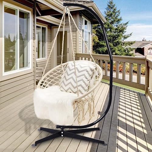 Miniatura 2 de Tangkula Silla hamaca colgante, silla columpio de macramé con borlas y anillos colgantes de alta resistencia, estilo bohemio hecho a mano con cuerda