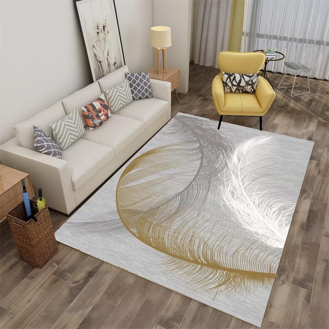 Tapis de bureau antidérapant gris à motif plumes pour chambre
