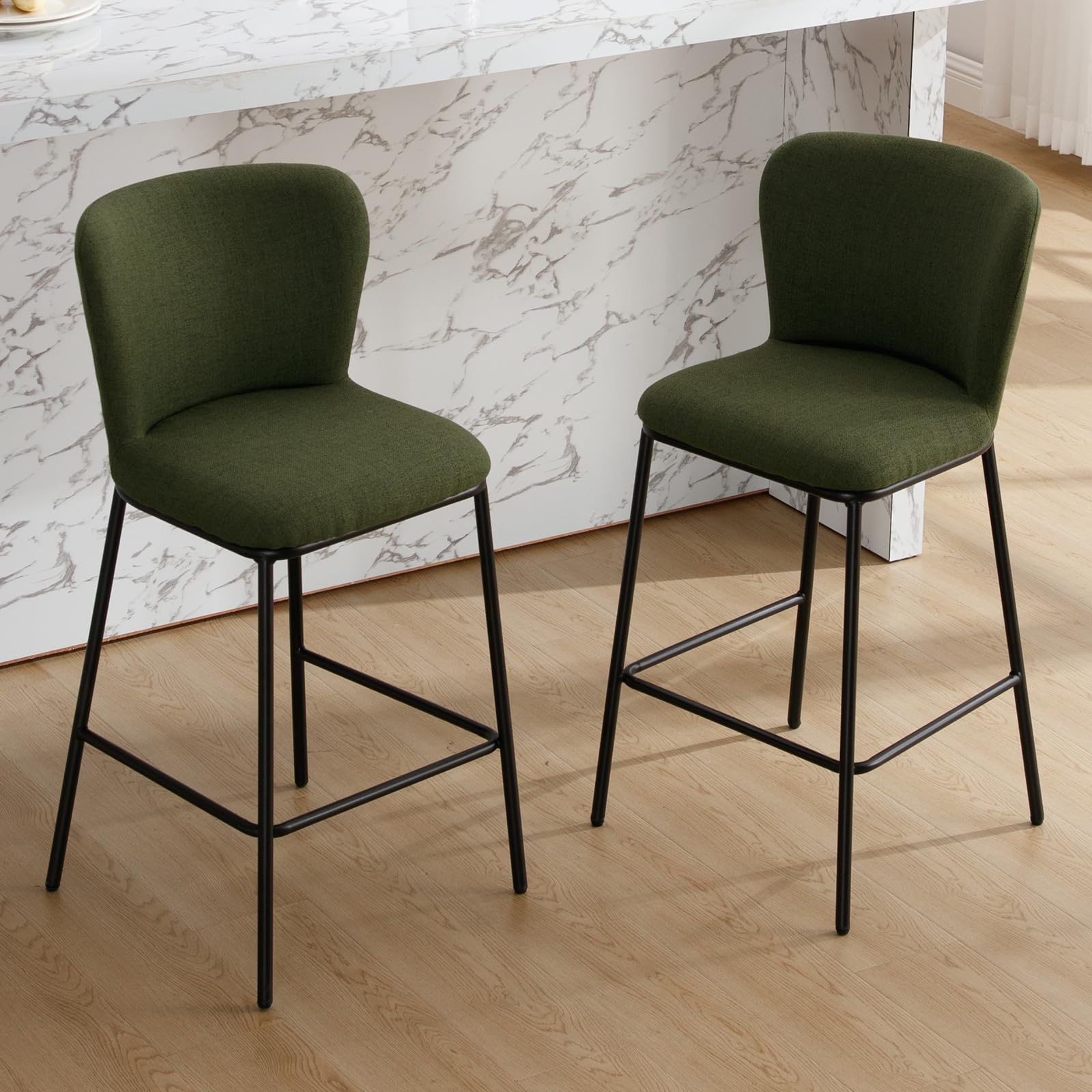 Juego de 2 Taburetes Altas de Cocina Moderno de Lino con Respaldo Cómodo,Sillas Altos de Bar sin Brazos Taburetes de Bar Sencillo para Hogar/Restaurante,Verde
