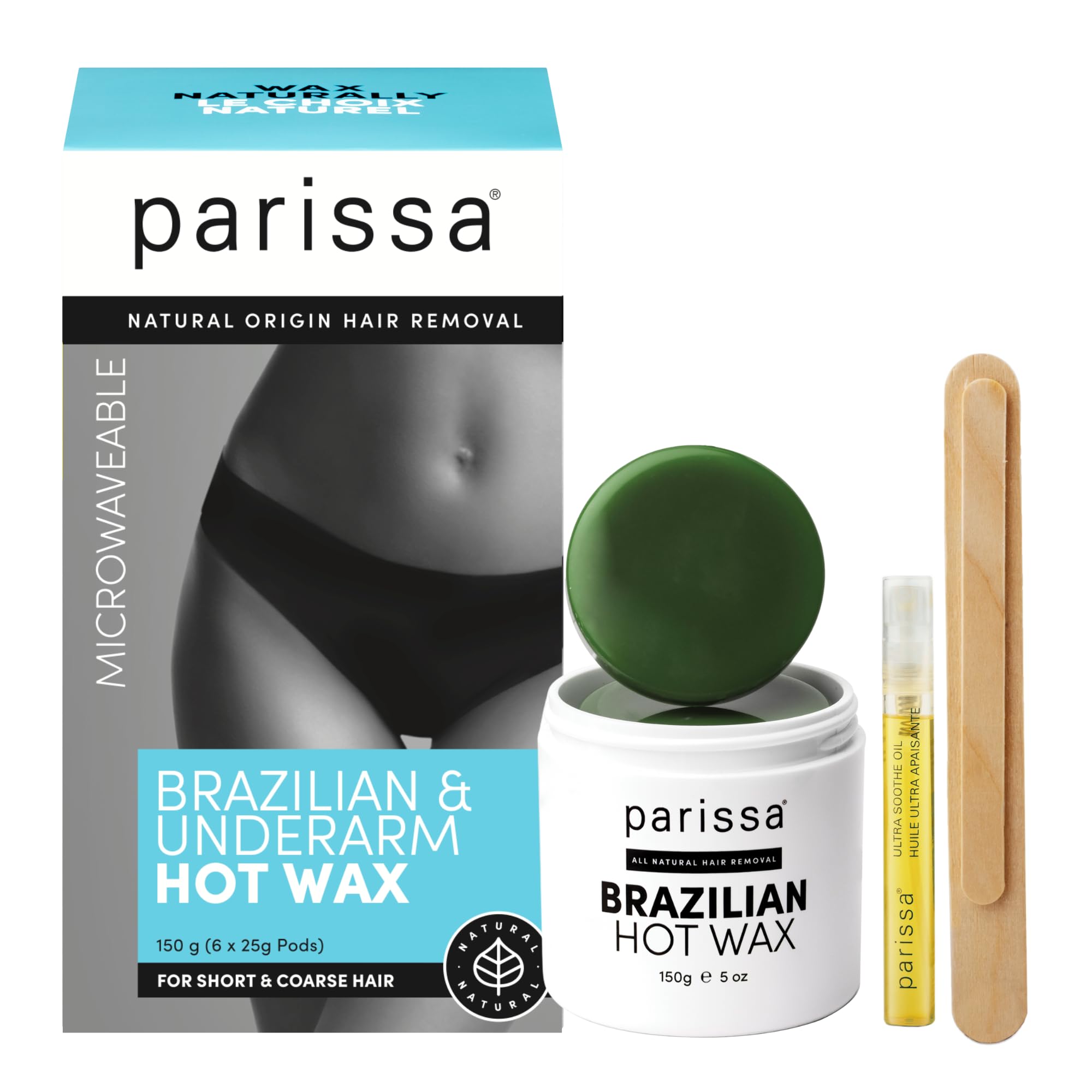 Parissa Brazilian Hot Wax Kit No-Strips needed and Microwavable for At-Home Hair Removal on Brazilian, Bikini or Underarm, Blue, (PW-HT30)
