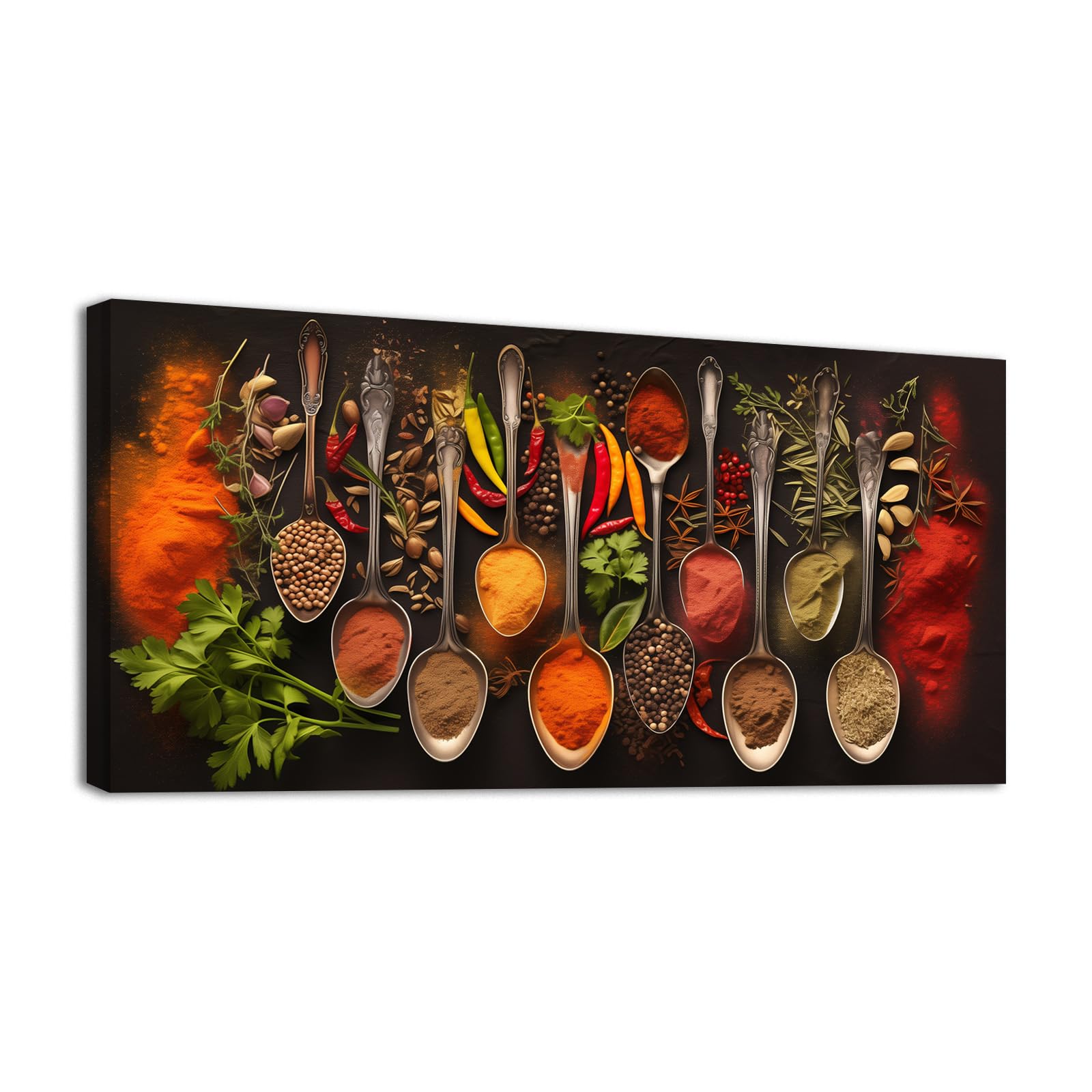 Wewejia Kitchen Pictures Wall Decor 32x16 inch, Couful Spice in Spoon Vintage Canvas Wall Art Food Photos Painting On Canvas Stretched Framed Home