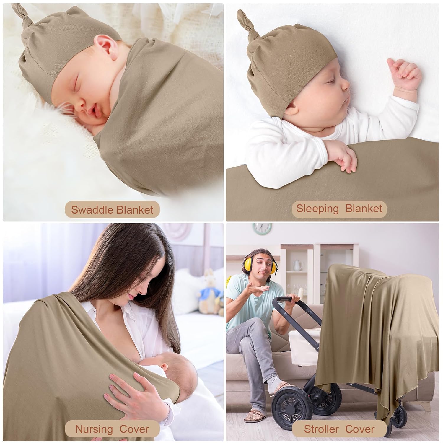 JaGely 2 Pcs Stretchy Baby Swaddle Blankets Set Extra Soft 47" x 47" Baby Newborn Swaddle Blanket and Hat(Apricot, Khaki)
