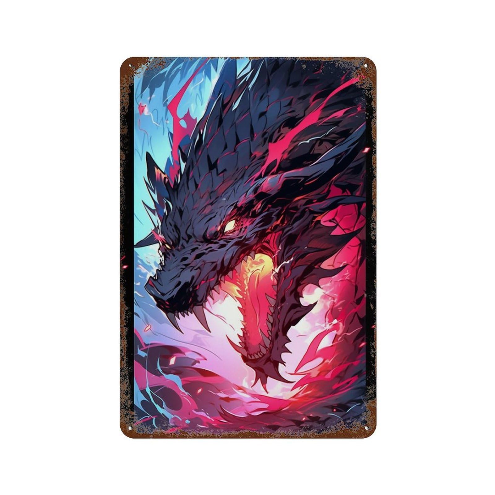 Aged Metal Wall Plaque with Dragon Artwork Fantasy Design 11.8"x7.9", for Shed, Workshop And Garage Wall Decor, Decorative Metal Wall Art