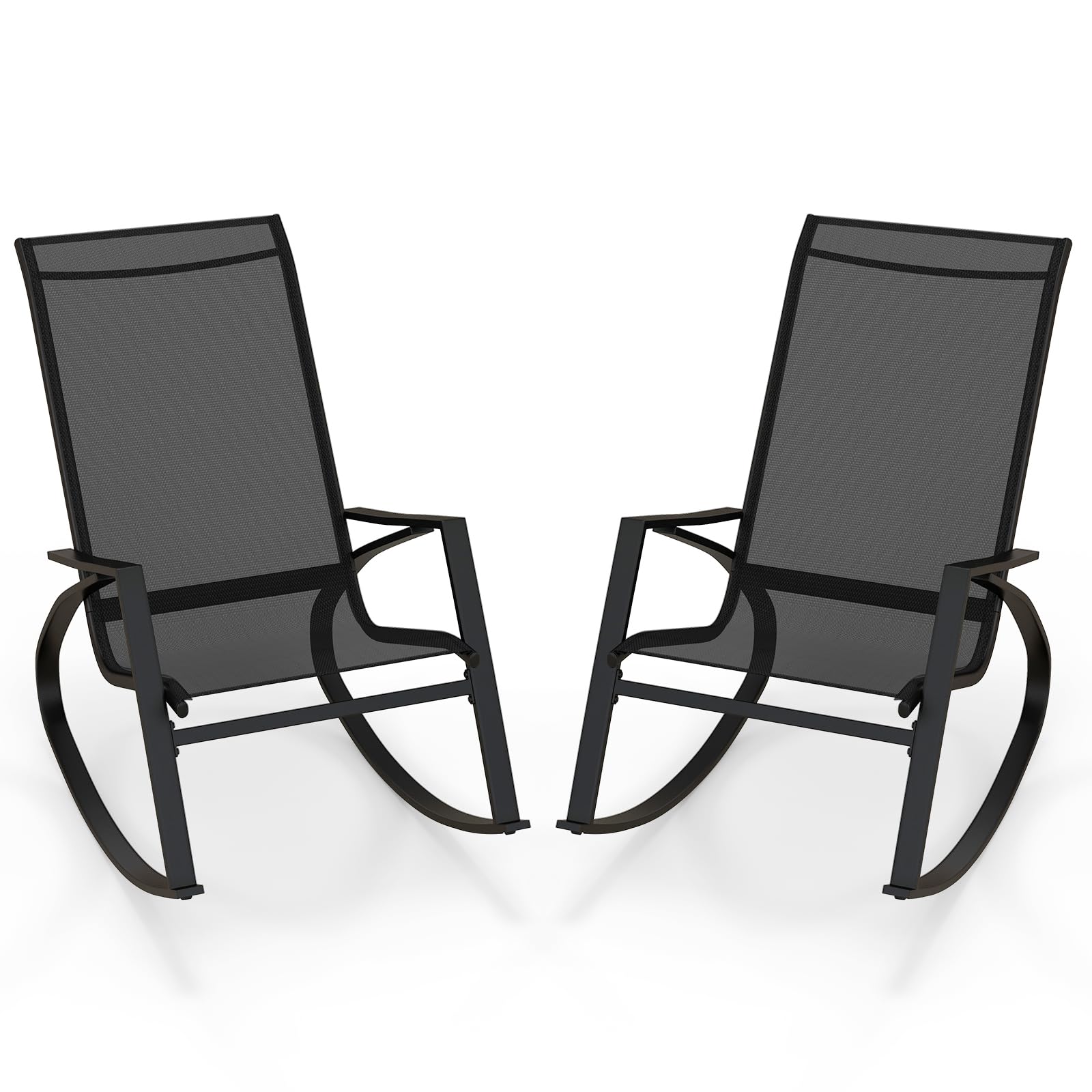 COSTWAY 2 Pieces Garden Rocking Chairs, Outdoor Rocking Armchairs with Non-Slip Rubber Mats, Metal Frame Patio Rocker for Relaxing, Black