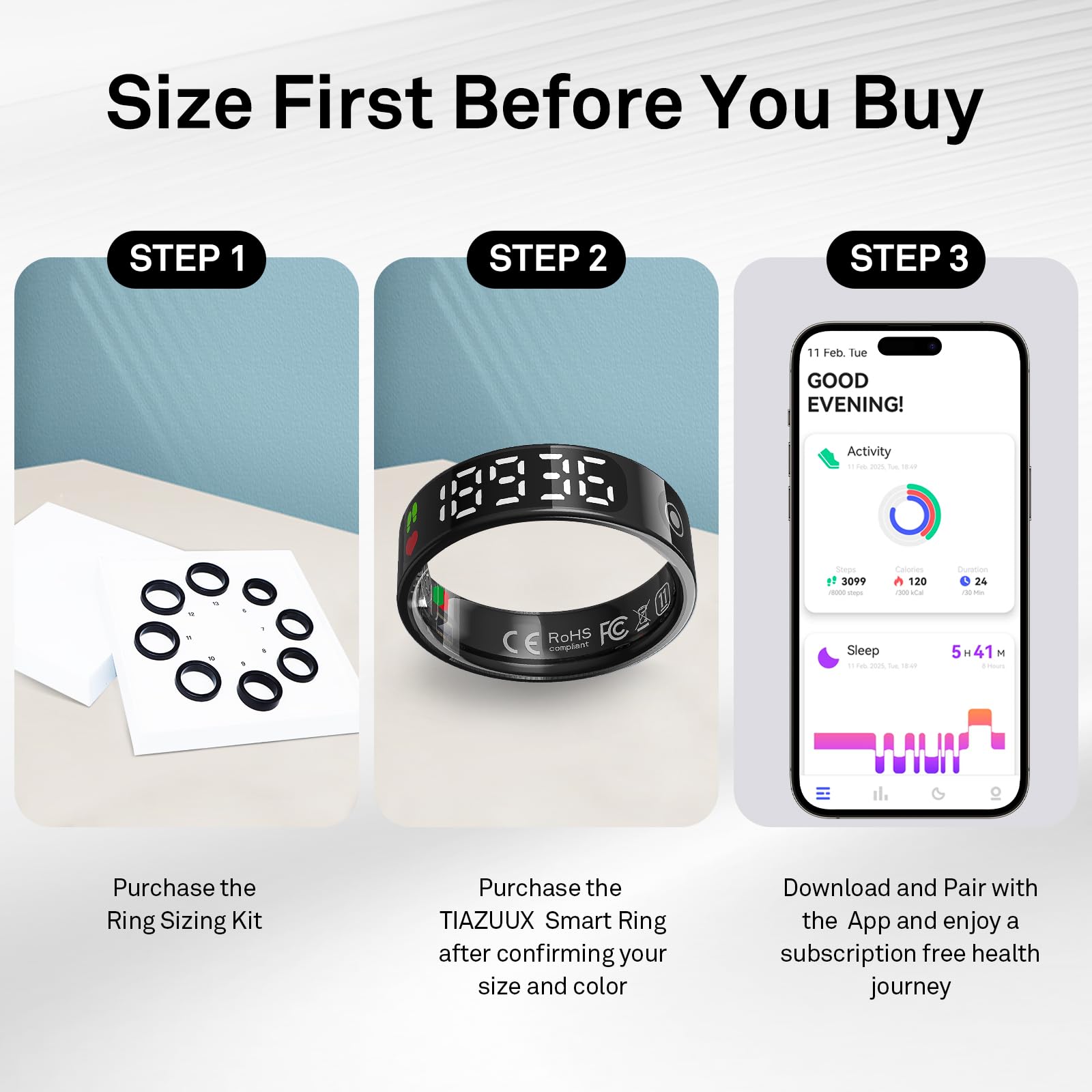 TIAZUUX Smart Ring Health Tracker - Ultimate Fitness and Wellness Companion for Men and Women, with LED Display, Sleep and Activity Monitoring, Compatible with iOS/Android (Black, 12)