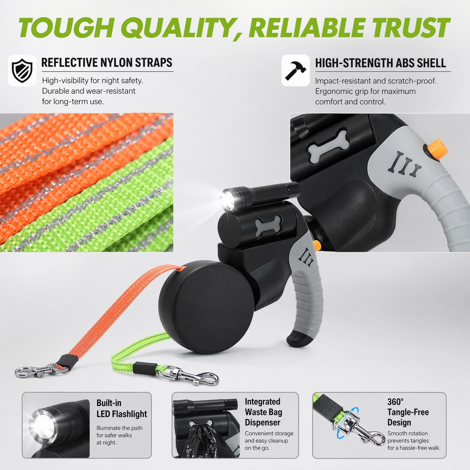 RANJIMA Einziehbare Hundeleine, 3 m Hundeleine Doppelleine Für 2 Hunde Mit Licht, Automatische Hund Versenkbar Leine, Flexileine, Anti Rutsch Griff für Kleine Und Mittelgroße Hunde