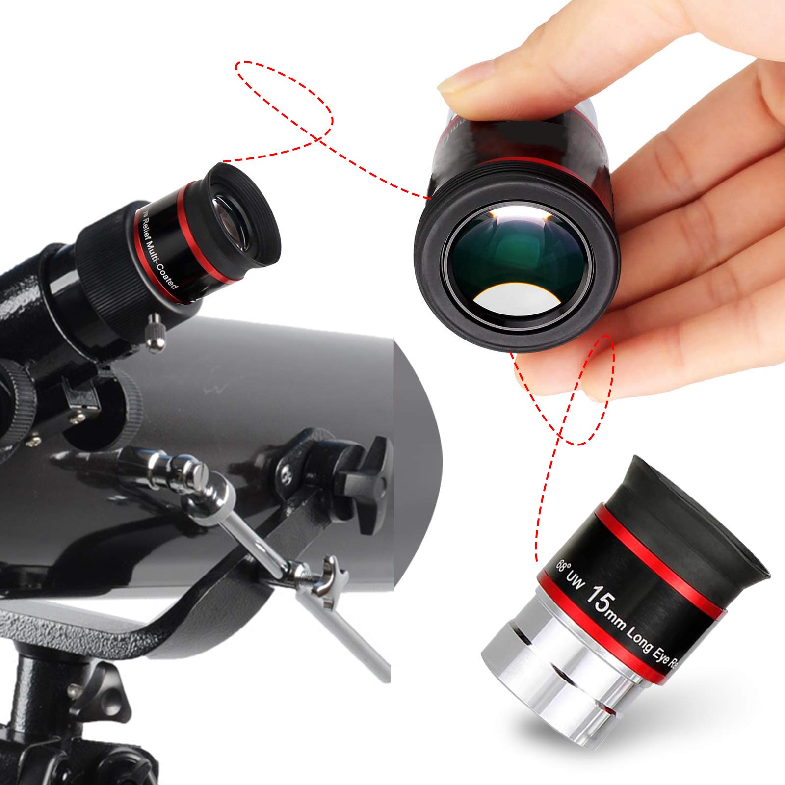 Ocular ultra gran angular de 68 grados para telescopio (15 mm), ocular, totalmente recubierto de verde, juego de accesorios de telescopio de 1.25 pulgadas (15 mm), 1 unidad