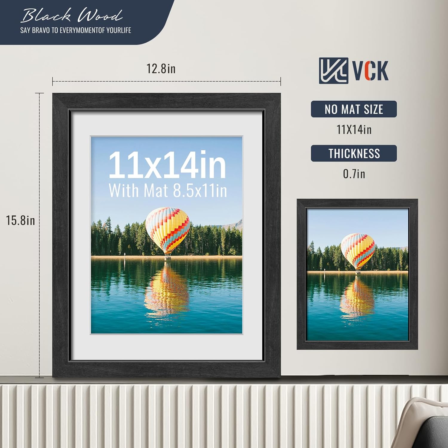 VCK 11x14 Picture Frames Black 3 Pack, Wide Border Solid Wood, Tempered Glass, Display 8.5x11 Photo with Mat or 11 x 14 without, for Home, Office, Gallery, Woodgrain Series, Wall Hanging