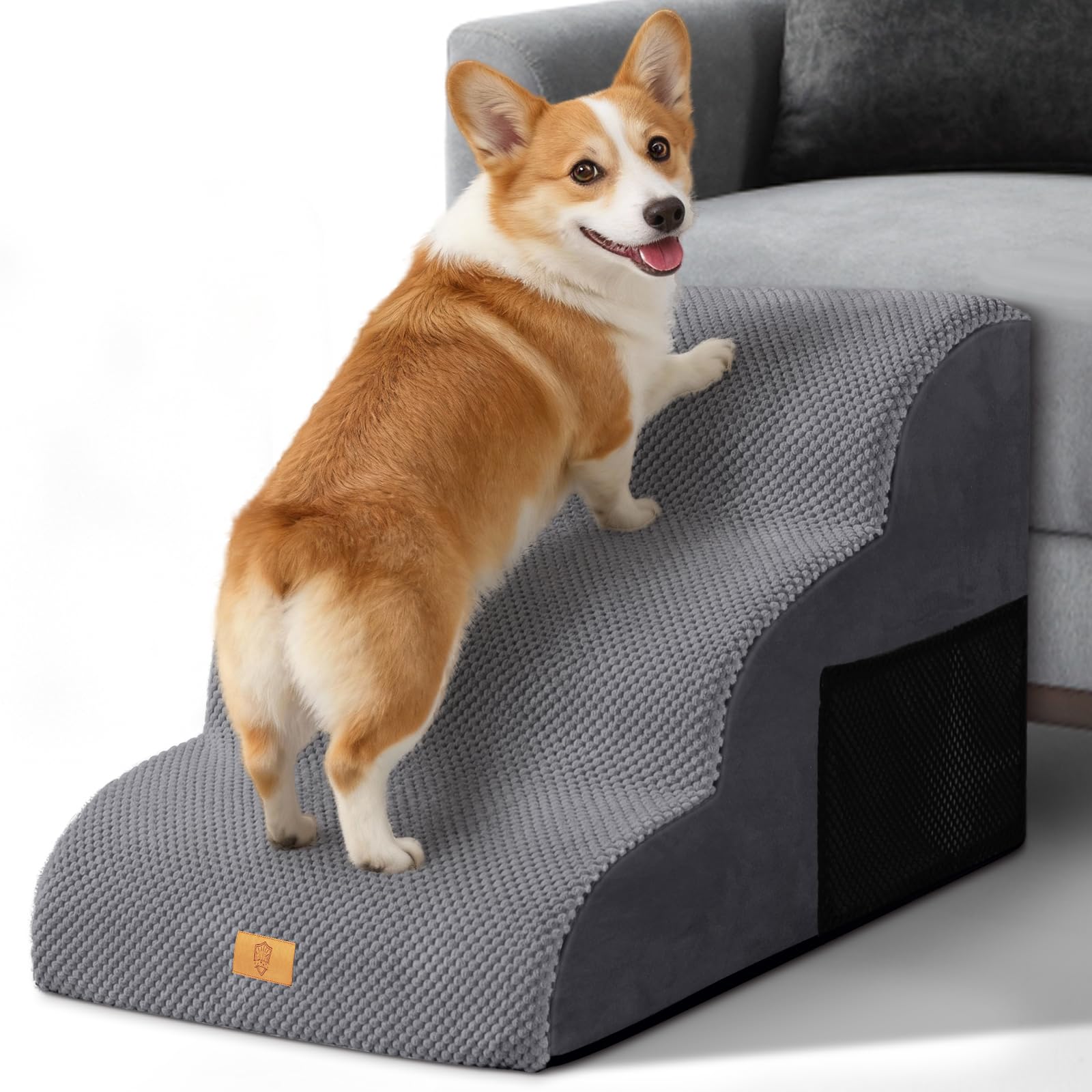 Haustiertreppe 3 Stufen, 30D Schaumstoff Hundetreppe bis 23kg, rutschfest & Waschbar, Tragegriff, Seitentasche, Gelenkschonend für Hunde Katzen, Einstiegshilfe Bett Sofa Auto, Grau 60x40x40cm