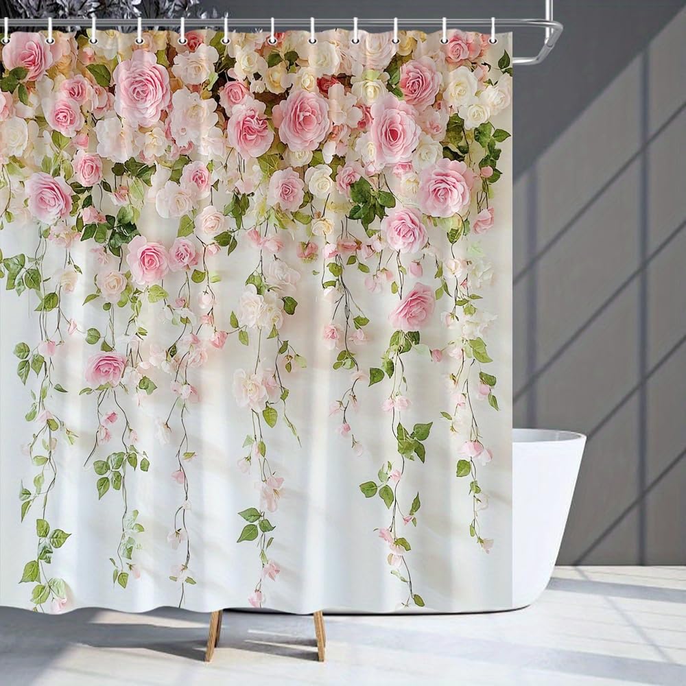 Rideau de douche roses imprimé en tissu pare-baignoire avec crochets