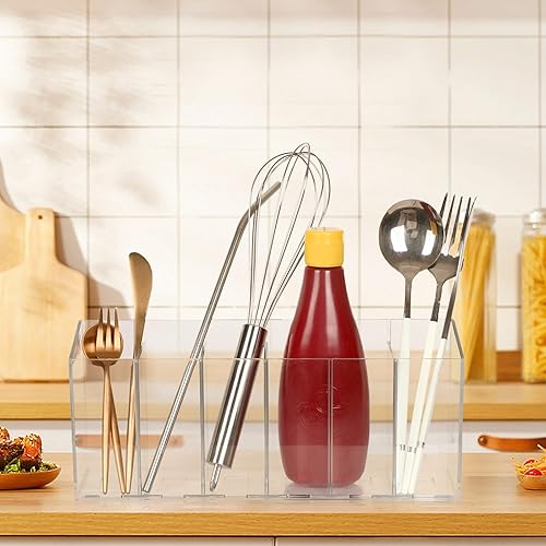 Miniatura 5 de DECYOOL 2 soportes acrílicos para bolígrafos, organizador de brochas de maquillaje transparente, 6 compartimentos con divisores extraíbles para