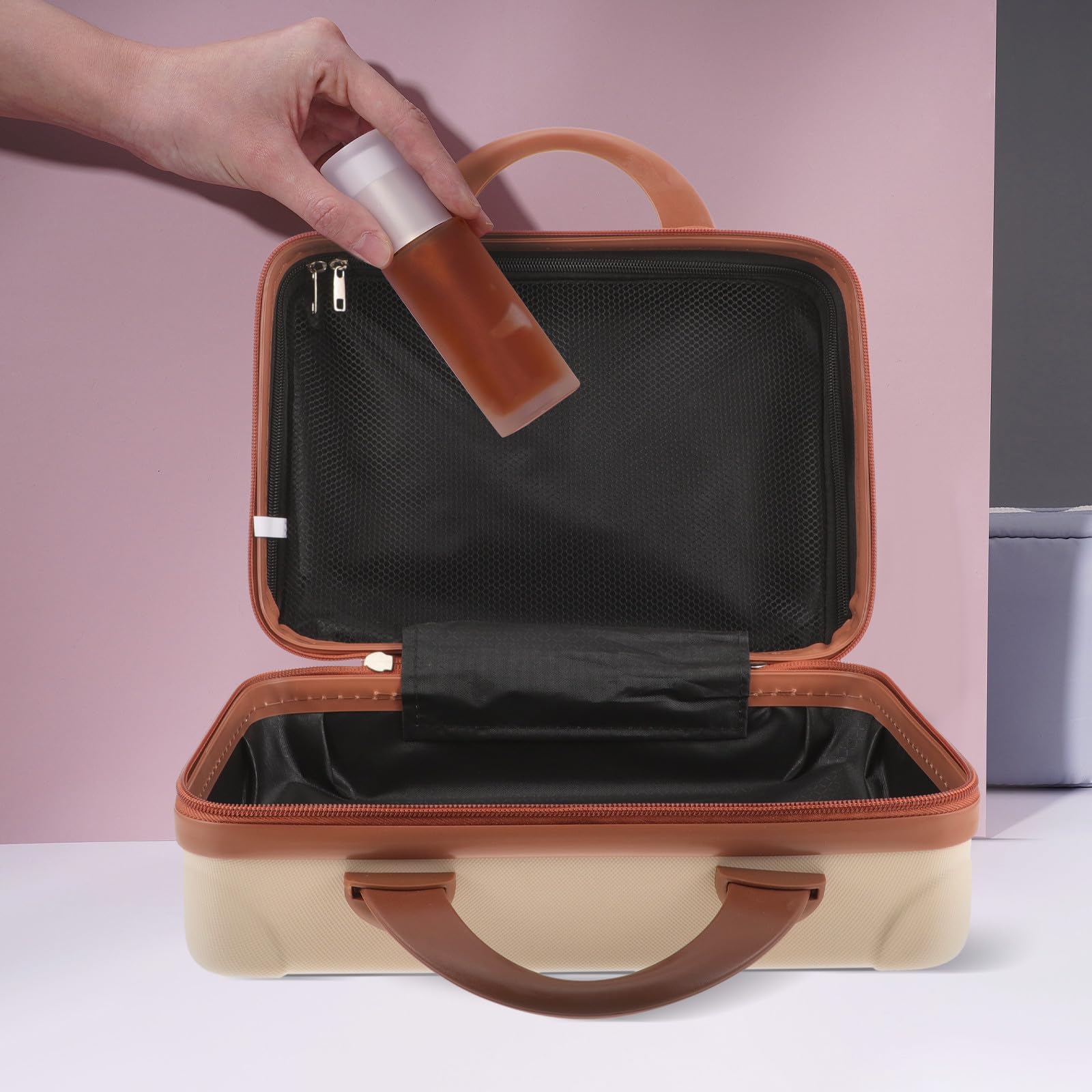 Healvian Beauty Case da Viaggio Donna in Abs Leggero Grande Capacità e Design Elegante, Astuccio Portatrucchi Beige per Viaggi e Conservazione