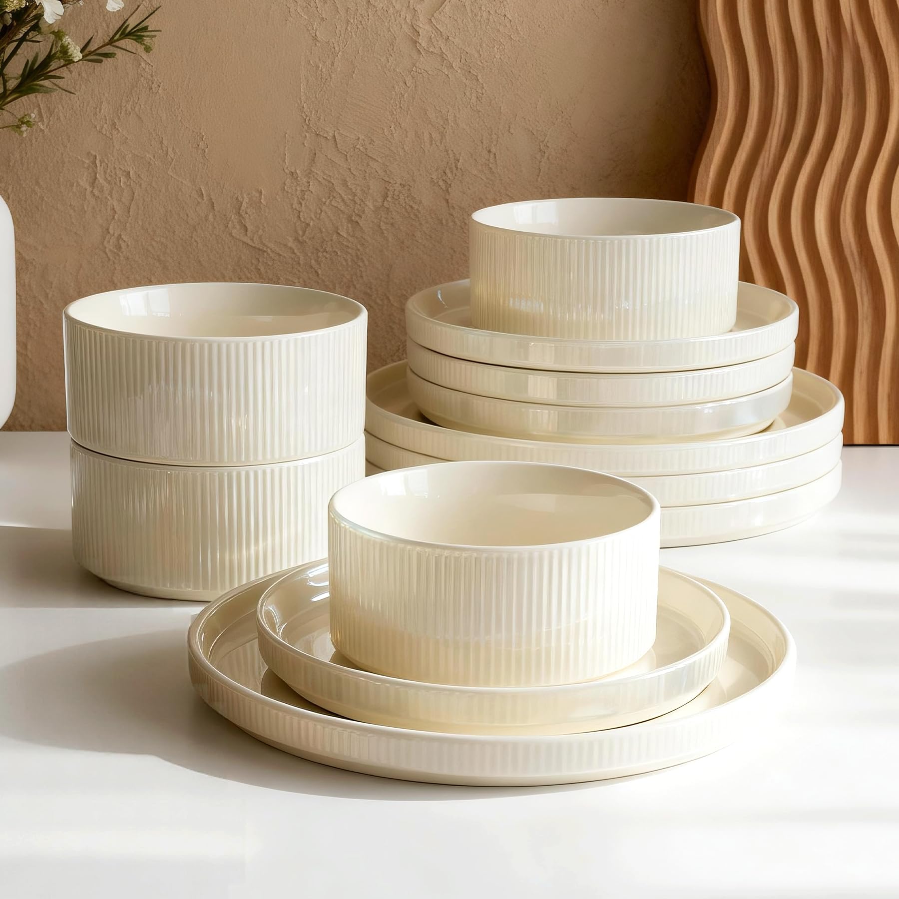 Richmount Star Dinner Set for 4, 12-Piece Modern Porcelain Plates and Bowls Set with Rust-Red Trim, Chip Resistant Dinnerware, Microwave & Dishwasher Safe, Ceramic Dish Set Service for 4, Cream — image 1