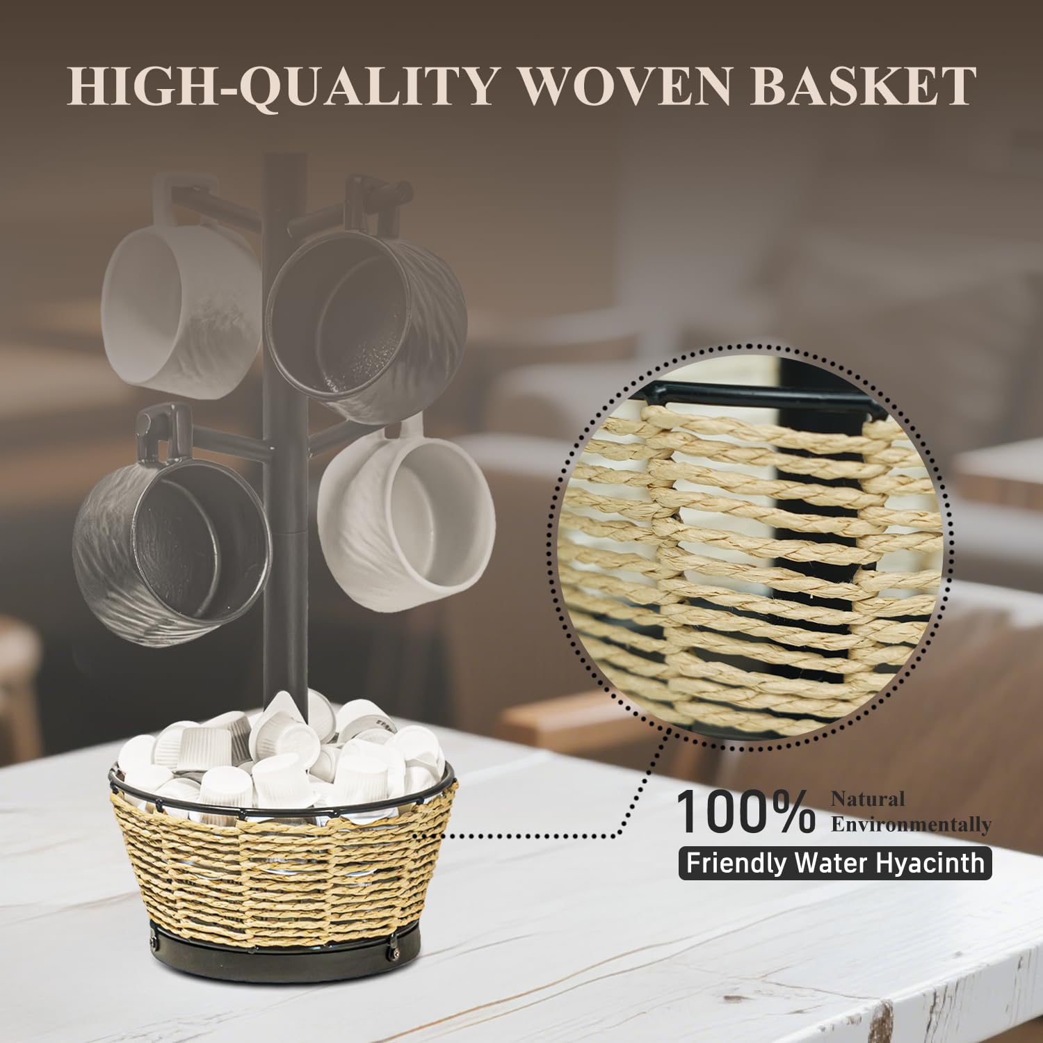 Soporte para tazas de madera con cesta tejida, 6 ganchos, soporte para tazas de café, árbol de taza de encimera para encimera de cocina, gabinete, accesorios de cafetería, organizador de exhibición de
