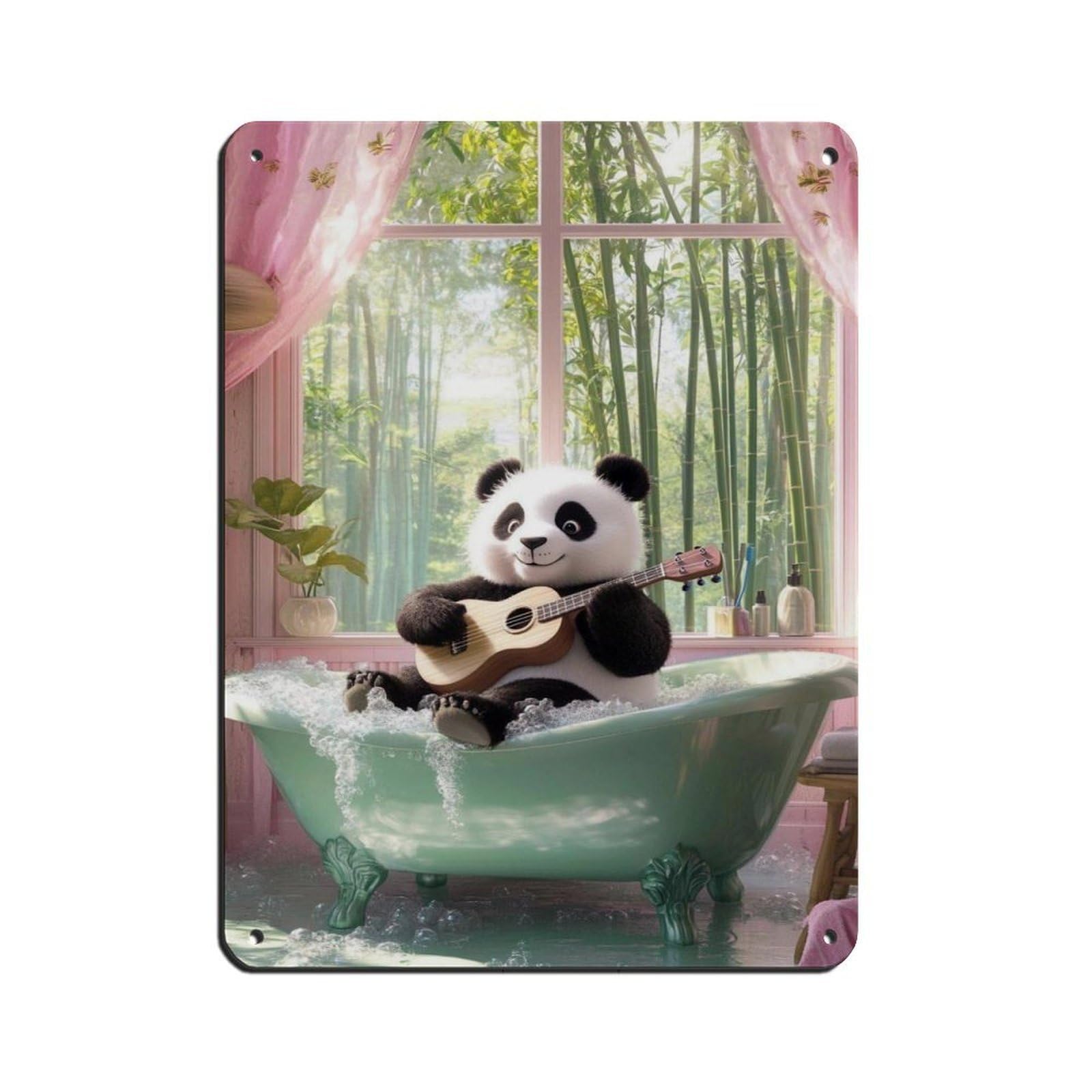 Cute Panda Playing Ukulele, Adorable Animal Tin Sign Vintage Metal Pub Club Cafe Bar Home Wall Art Decoration Poster Retro 12x16inch(30x40cm)