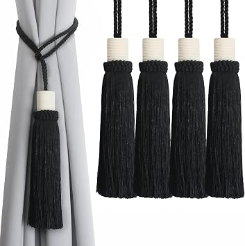 Curtain Tiebacks Rope Modern Tie Backs for Curtains Decorative Tieback Drapes Tassel Window Treatment Holdbacks for Living Room, Bedroom Home Decor, Black 4 Pack