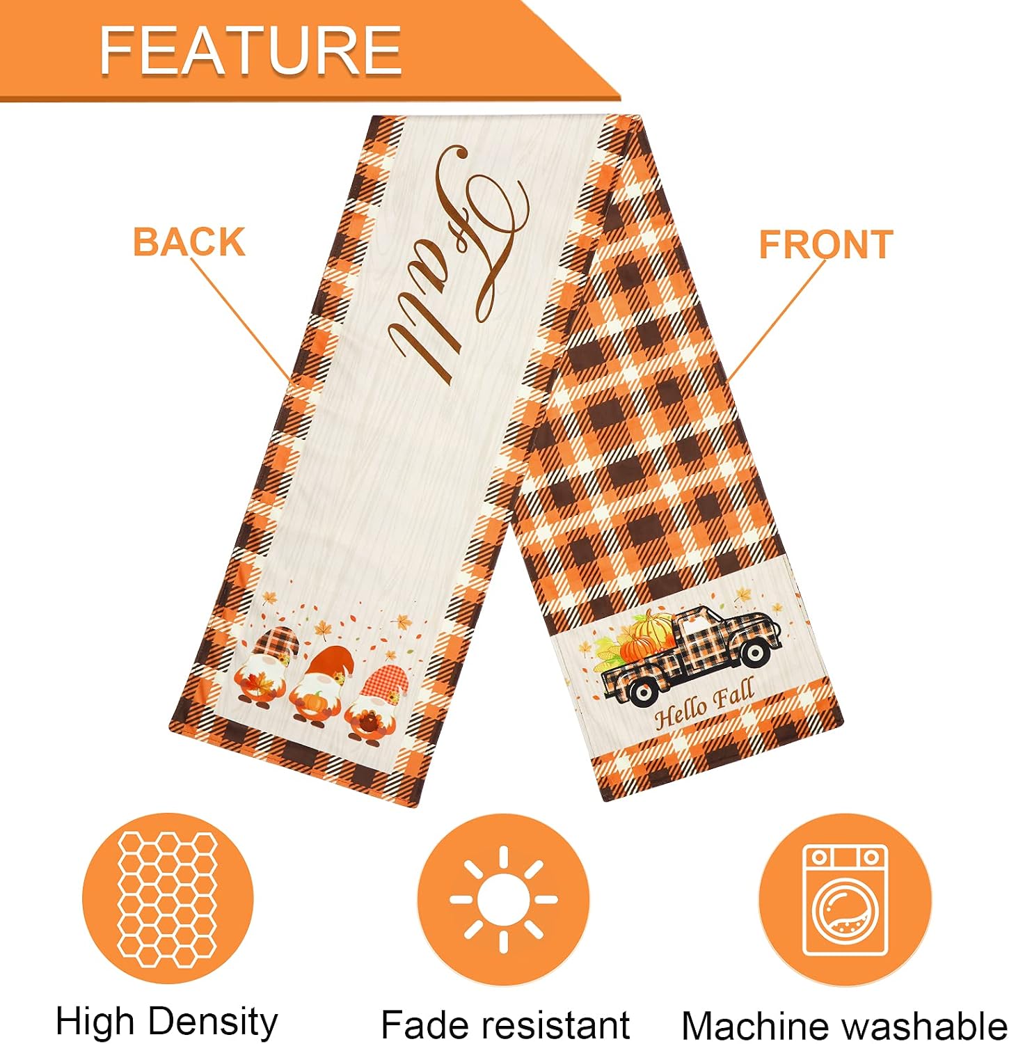 AerWo Fall Table Runner, Double Sided Buffalo Check Table Runner Printed with Pumpkins, Fall Leaves, Gnomes, Hello Fall, for Outdoor Indoor Dinner Thanksgiving Party Fall Table Decor (72 x 13 Inch)