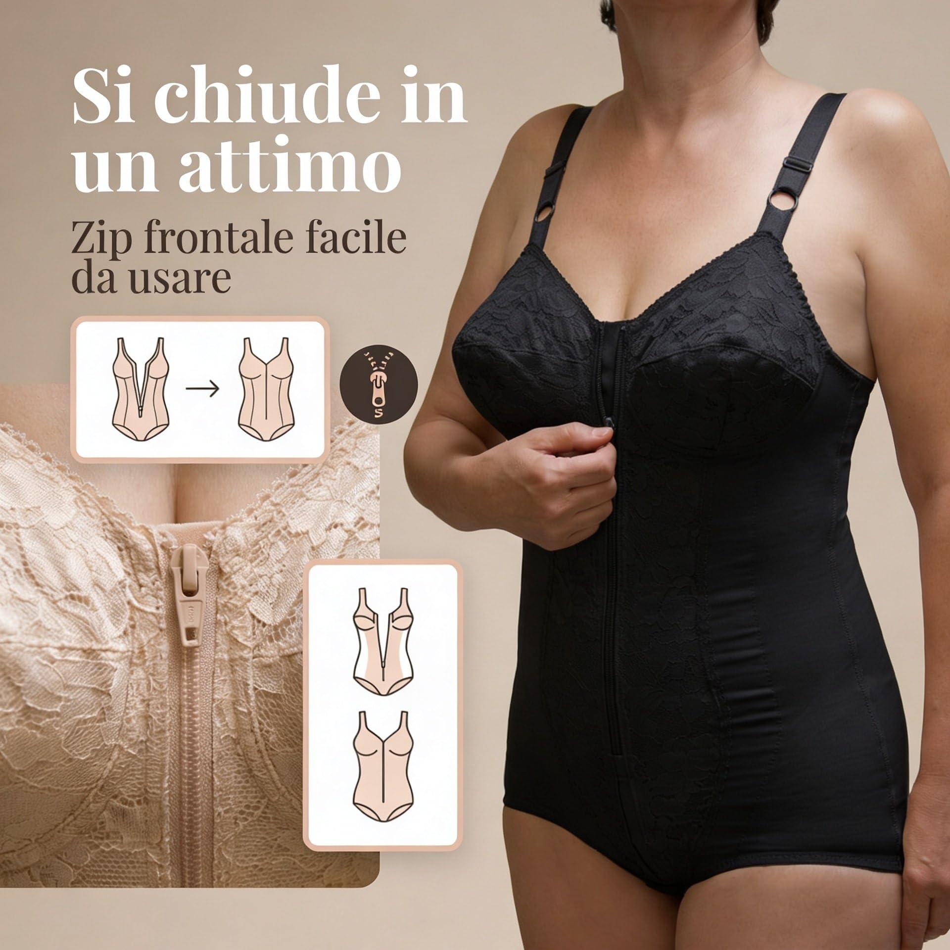 Body Contenitivo Donna con Coppe C/D Guaina Modellante con Ganci e Cerniera Frontale, Sostegno Schiena e Addome, Effetto Snellente, Made in Italy