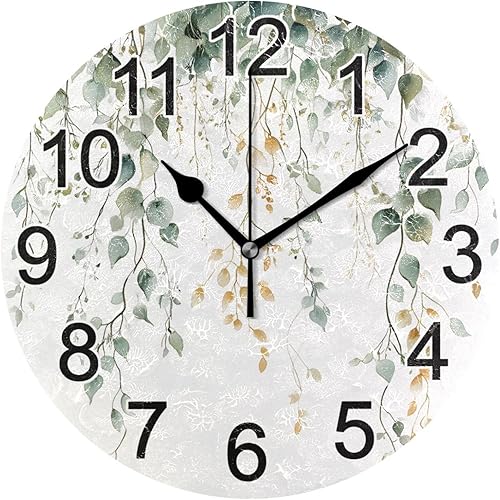 Vista 39 de Reloj de pared de hojas de eucalipto verde, reloj de cocina silencioso sin tictac, reloj decorativo grande de 25 cm, funciona con batería, para B442