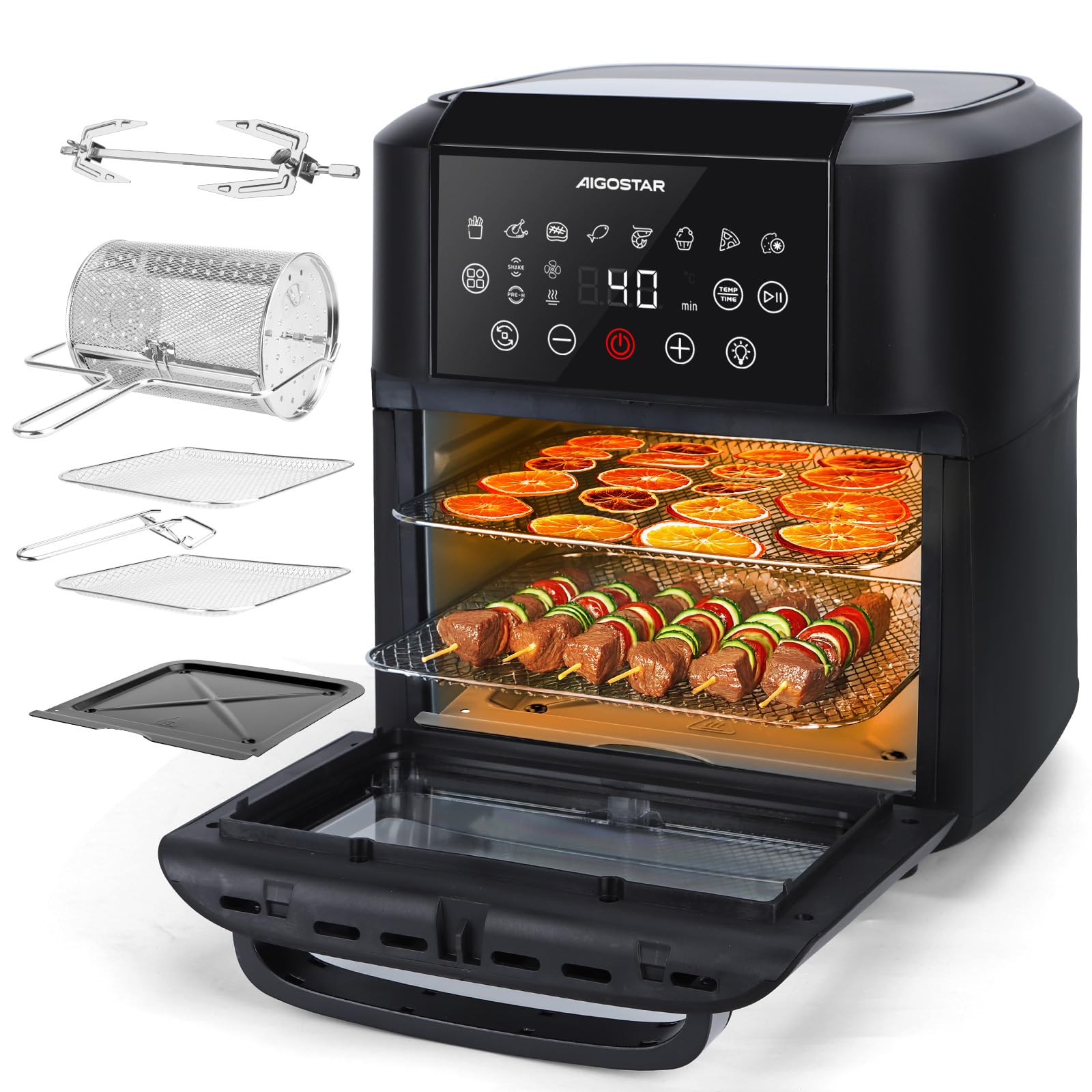 Aigostar Owen - Friggitrice ad aria da 12 litri, Forno ad aria multifunzione, 1700 W, Touch screen LED, 8 modalità preimpostate, include 7 accessori, sistema rotante, BPA FREE