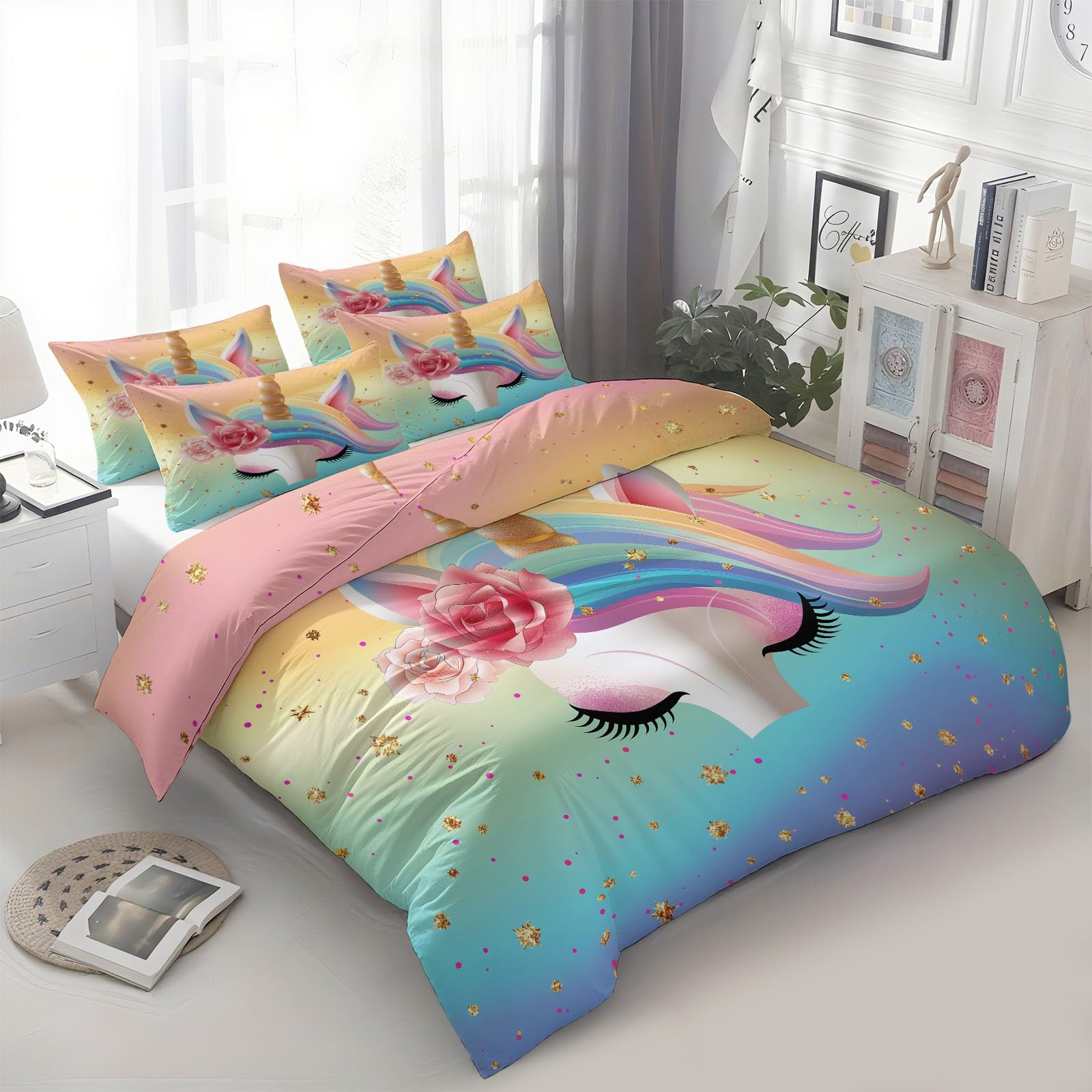 Housse de couette licorne 160x200 cm avec taies en microfibre arc-en-ciel
