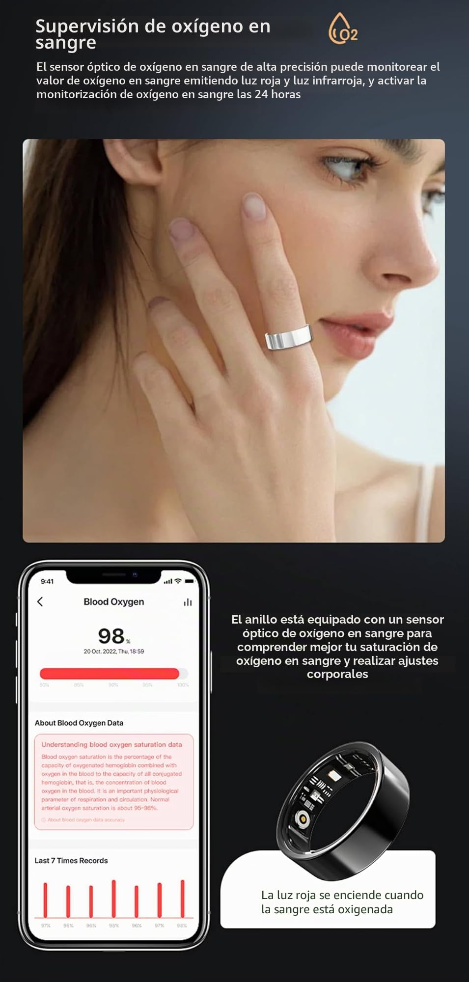 Anillo inteligente IP68 para hombre y mujer con monitor de frecuencia cardíaca, presión arterial, oxígeno, impermeable, podómetro, monitor de calorías, anillo de salud Bluetooth, negro #13