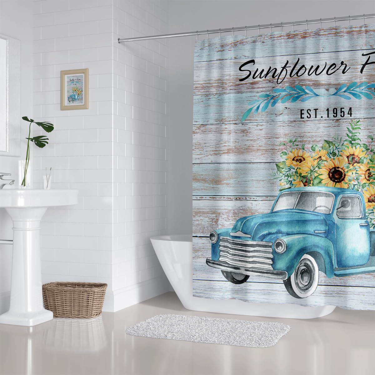 Duschvorhang Sonnenblume & Schmetterlinge | Bauernhaus-Stil, 183 X 183 Cm | Mit 12 Haken