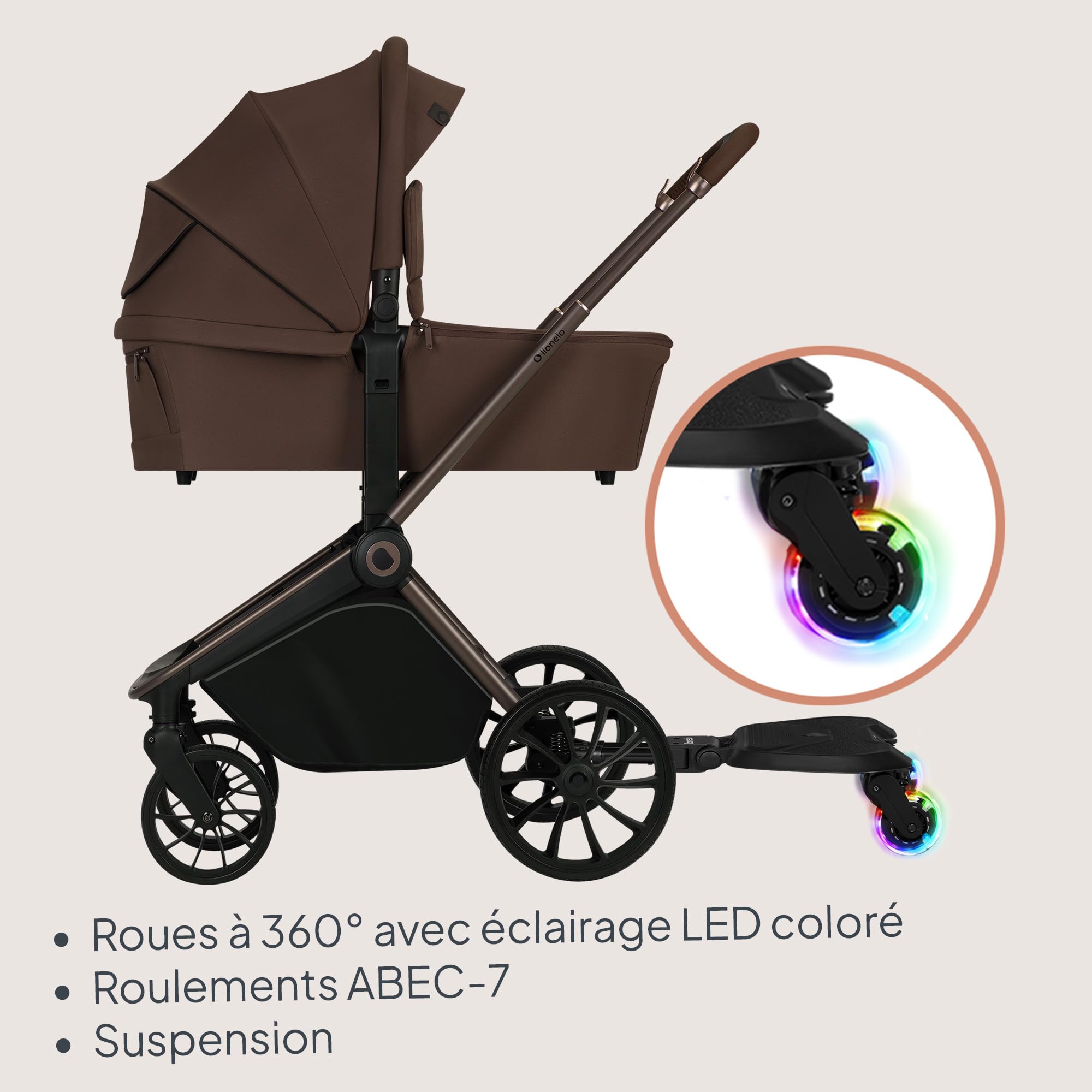 LIONELO Buggy Board Planche 2 en 1 pour poussette avec siège amovible, ajustement universel, absorption des chocs, roues LED, jusqu'à 25 kg, pour enfants de 2 à 5 ans