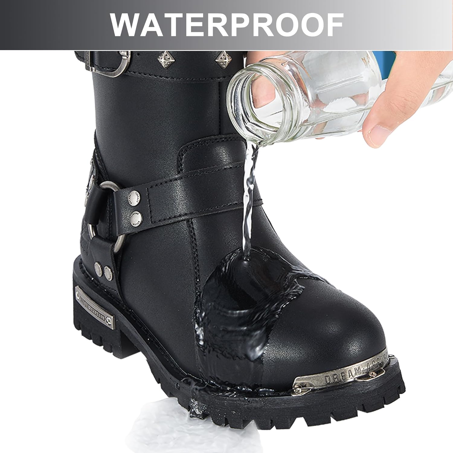 Dream Apparel Women PU Leather Harness Motorcycle Boots for Riding Waterproof Studded Biker Boots with Side Zipper & Buckle, Black Engineer Combat Mid-Calf Footwear