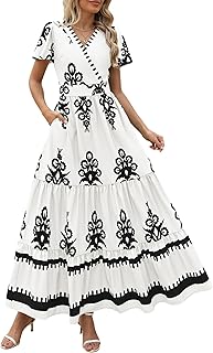 Womens 2025 Summer Casual V Neck Boho Maxi Dress Flowy Aline Bell Sleeve Tiered Floral Dresses with Pocket - Buy now