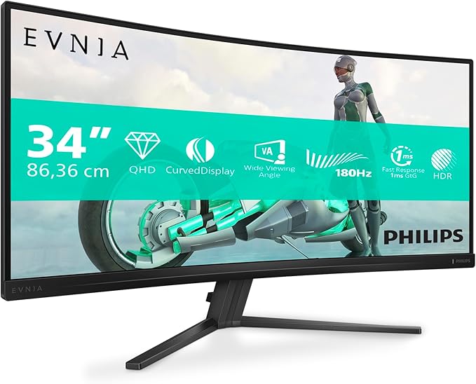 Philips Evnia 34M2C3500L - Moniteur de Jeu incurvé WQHD 34 Pouces, 180 Hz, 0,5 ms, HDR10, FreeSync Premium, HDR10 (3440x1440, 2X HDMI, DisplayPort 1.4) Gris foncé