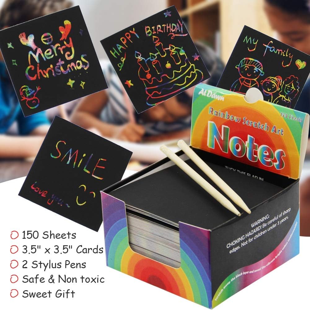 ATDAWN Rainbow Scratch Art Notes with 2 Wooden Stylus Pens, Scratch Paper, Scratch Magic Notes, Rainbow Colored Notes, 150 Sheets