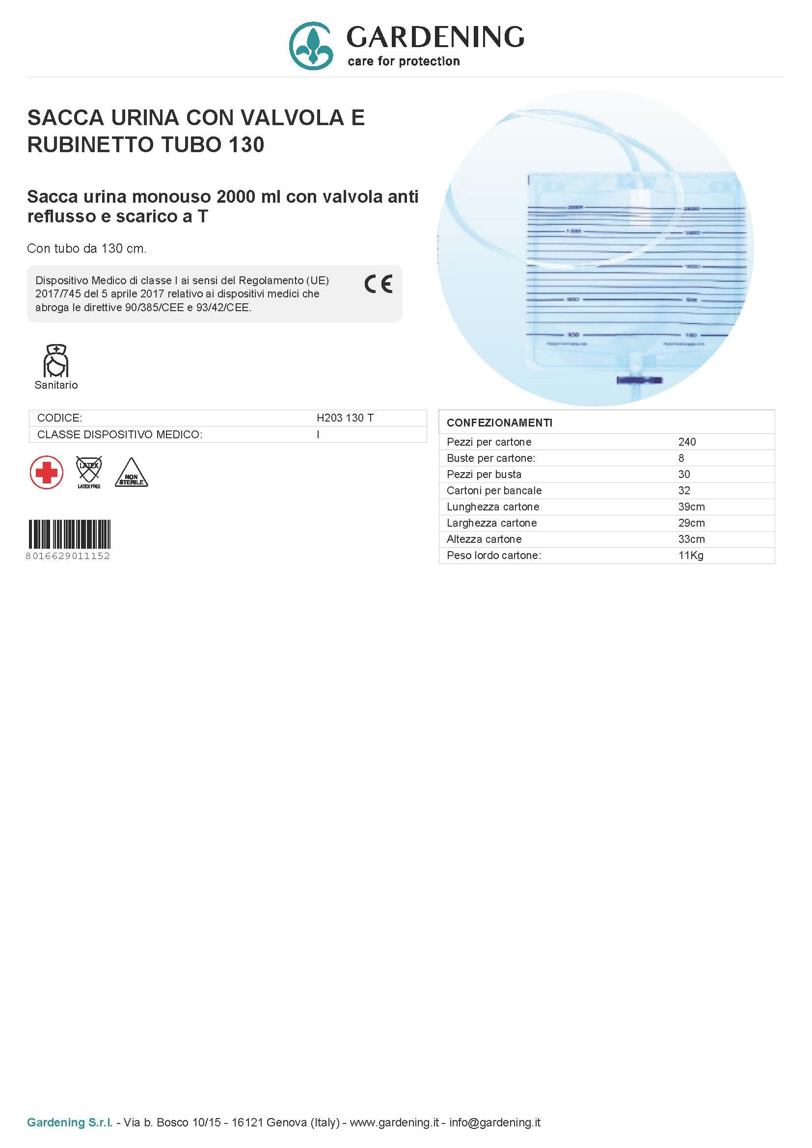 Sacca per urina da letto - monouso - capacità ml. 2000 - tubo cm.130 - valvola di scarico a "T" - valvola anti reflusso - conf. 90 pz (3 conf.30 pz) - CE