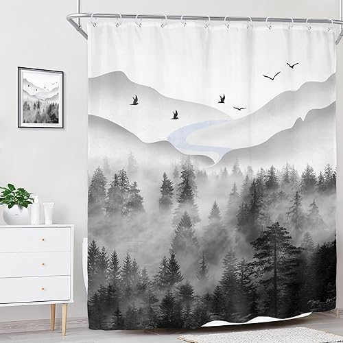 Miniatura 3 de Riyidecor Cortina de ducha Misty Rainforest para decoración de baño, 72 pulgadas de ancho x 72 pulgadas de alto, negro oscuro, gris, hombre,