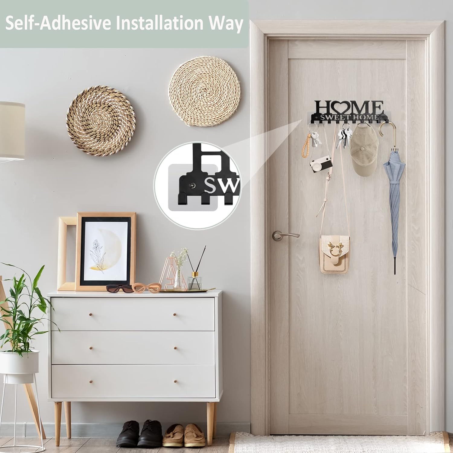 RELBRO Key Holder Wall Mounted, Black Metal Key Holder for Wall Decorative Home Key Rack Hooks Key Hanger with 10 Hooks for Entryway Doorway Hallway Office 2 Installation Ways 10.27'' x 3.62''