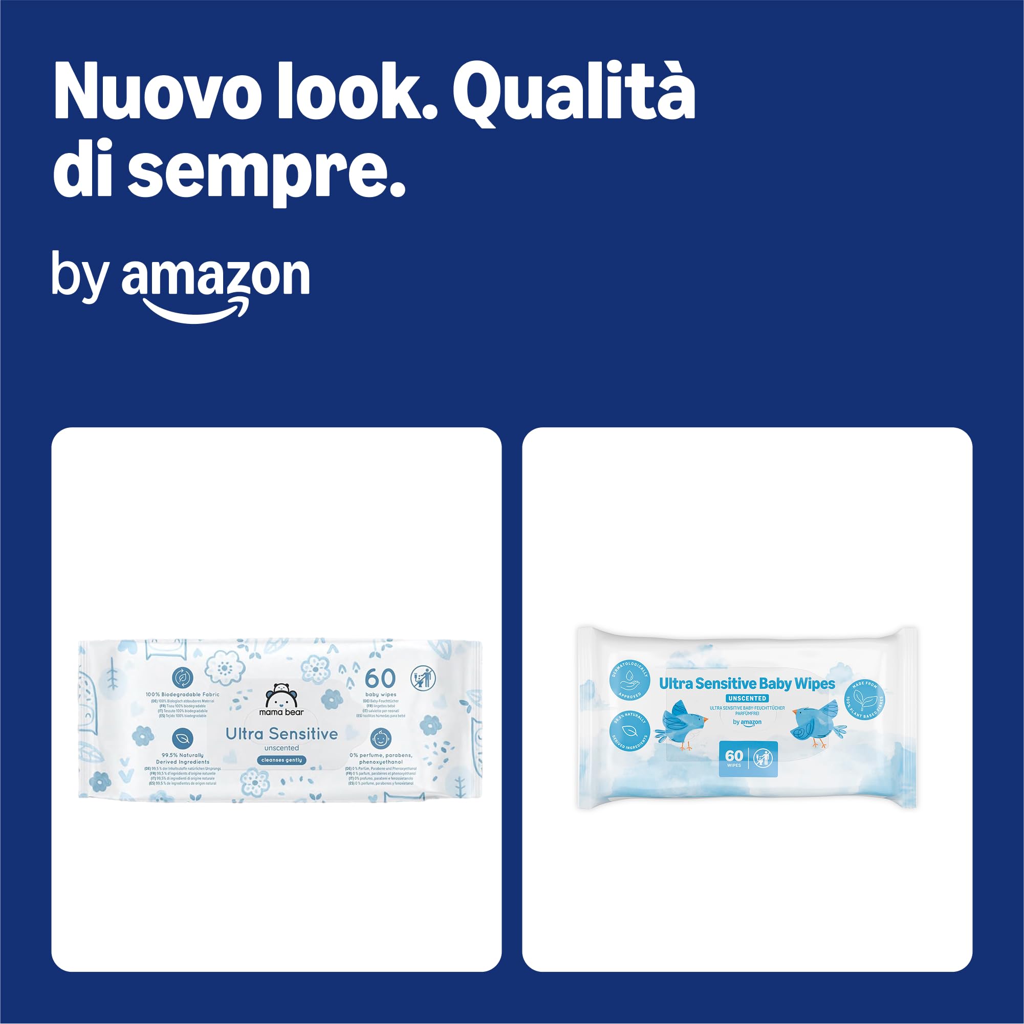 Amazon 1080 Salviettine Umidificate Ultra Sensitive per Neonati, Senza Profumo, 18 Confezioni da 60, (in Precedenza un Marchio Mama Bear, Stesso Prodotto)