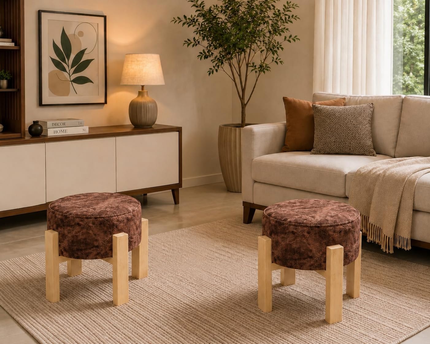 ound Ottoman Pouffe Stool Set of 2 with Solid Wooden Legs | Luxury Upholstered Foot Rest Stool for Living Room, Bedroom, Dressing Room & Office | Modern Accent Seating| Brown-image-40