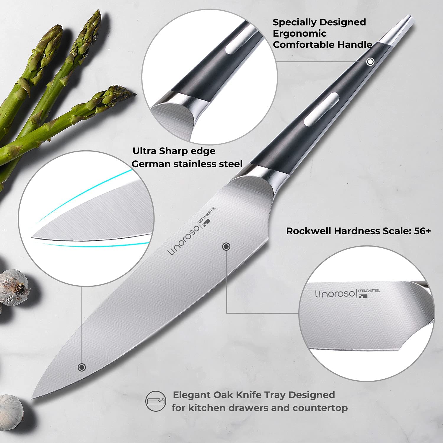 linoroso Chef Knife Kitchen Knife Ultra Sharp Cooking Knife, 7 inch Precision Forged German High-Carbon Stainless Steel Cutting Knife with Exquisite In-Drawer Knife Block- MAKO Series — Amazon image 3
