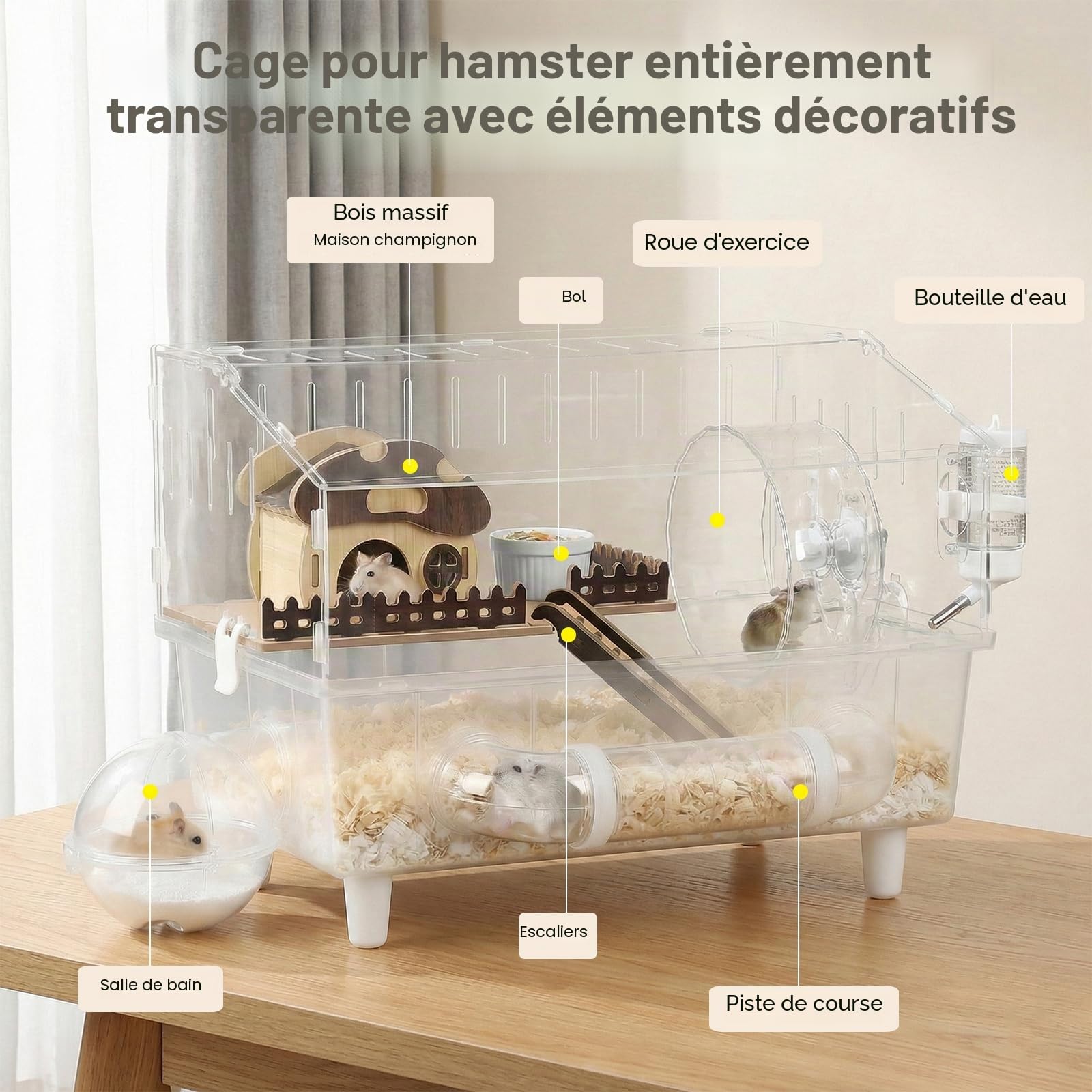Grande cage pour hamster syrien à 2 couches, en acrylique, avec fenêtre de visualisation, 45 x 28 x 34 cm, entièrement transparente, avec décoration de maison de champignons, cage à souris pour
