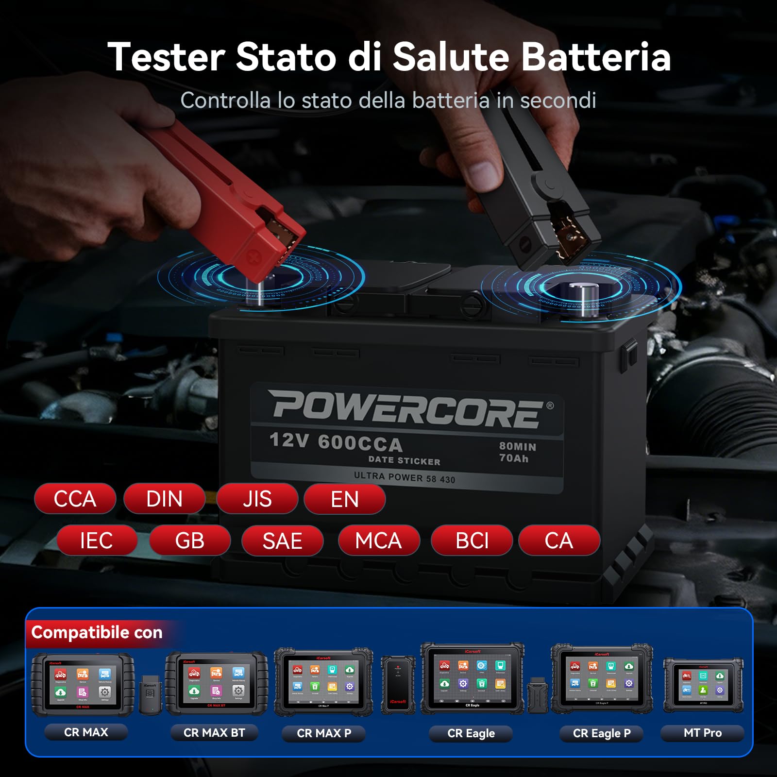 iCarsoft BT900 Tester Batteria Auto, 12 V/24 V, Tester per Batterie 12 V/24 V 100-2000 CCA, AGM, GEL, EFB, Connessione Bluetooth, Test di Avviamento/Carica per Auto, Moto, ATV, Camion, Barca, Yacht