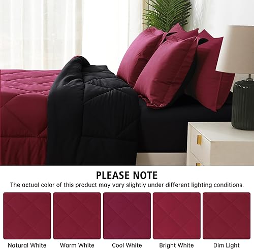 Miniatura 5 de JOLLYVOGUE Juego de edredón tamaño matrimonial, color rojo oscuro y negro, juego de cama reversible en una bolsa para todas las estaciones, juego de